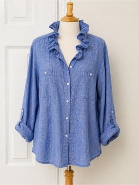 Lane Bryant Chambray Ruffle Collar Button-Down Shirt - Blue